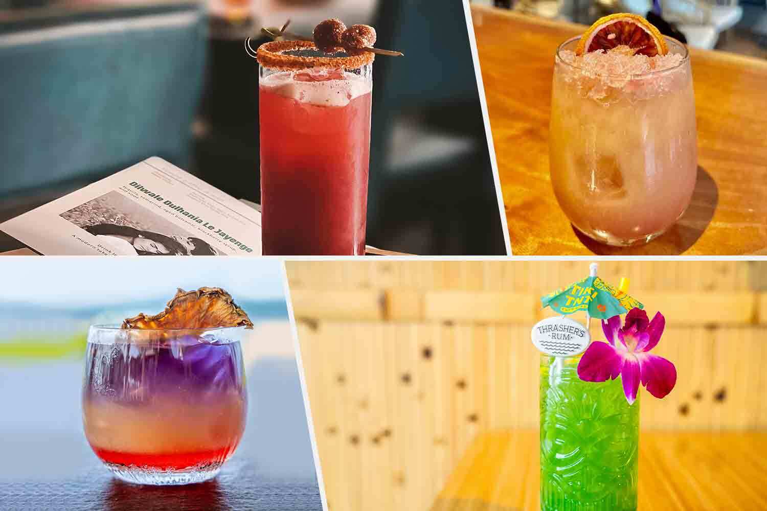 four versions of a tequila sunrise cocktail stitched together in a collage