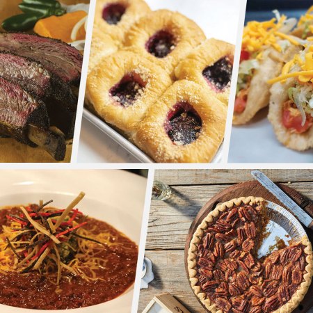 Collage of the iconic foods and drinks of Texas, including brisket, puffy tacos, chili, pecan pie and kolaches