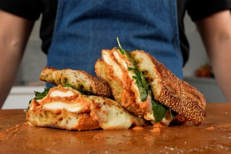 Two halves of a sandwich on a table