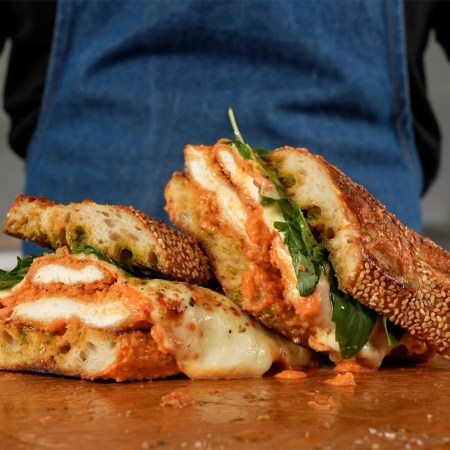 Two halves of a sandwich on a table