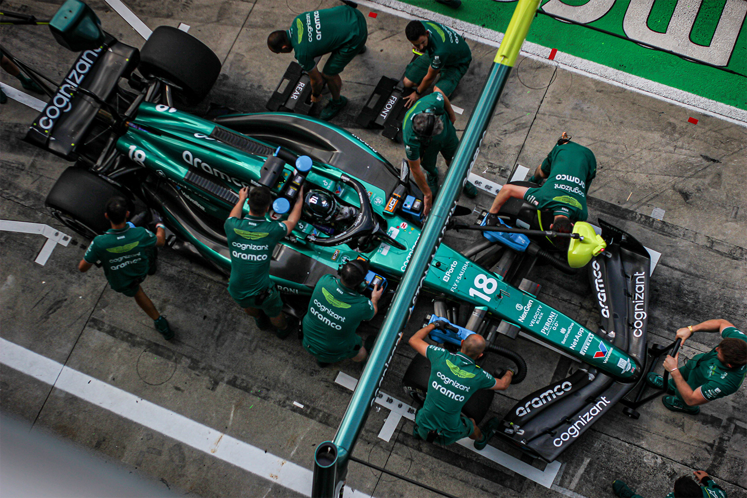 View from above of Lance Stroll in his Aston Martin car at the Italian Grand Prix 2023