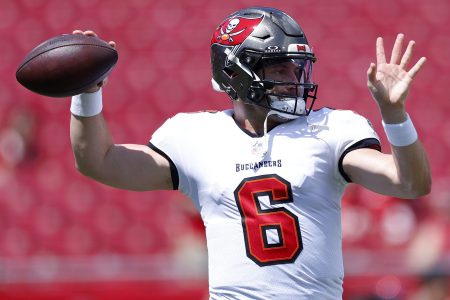 Baker Mayfield of the Buccaneers warms up prior to a game.