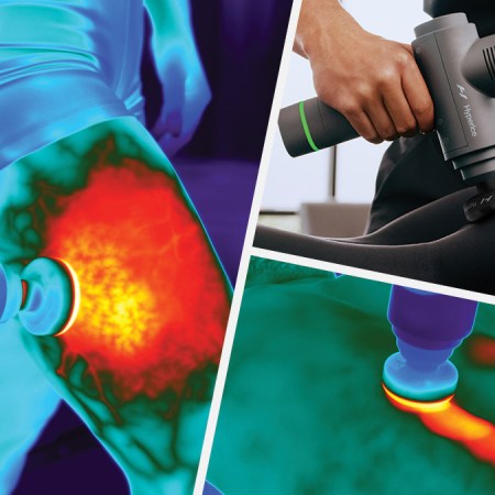 Hyperice's new massage gun heated attachment going to work on sore muscles.