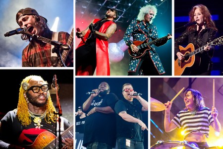 A collage featuring Pierce The Veil, Adam Lambert and Queen, Bonnie Raitt, Thundercat, Run the Jewels and Matt and Kim