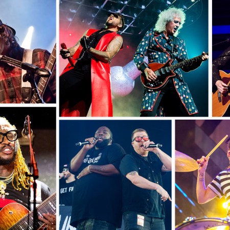A collage featuring Pierce The Veil, Adam Lambert and Queen, Bonnie Raitt, Thundercat, Run the Jewels and Matt and Kim