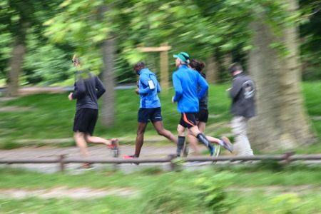 A group of runners in a park.