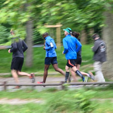 A group of runners in a park.