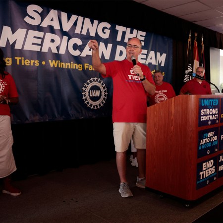 UAW President Shawn Fain speaks at a rally in Warren, Michigan on August 20, 2023 ahead of a potential strike against the Big Three automakers