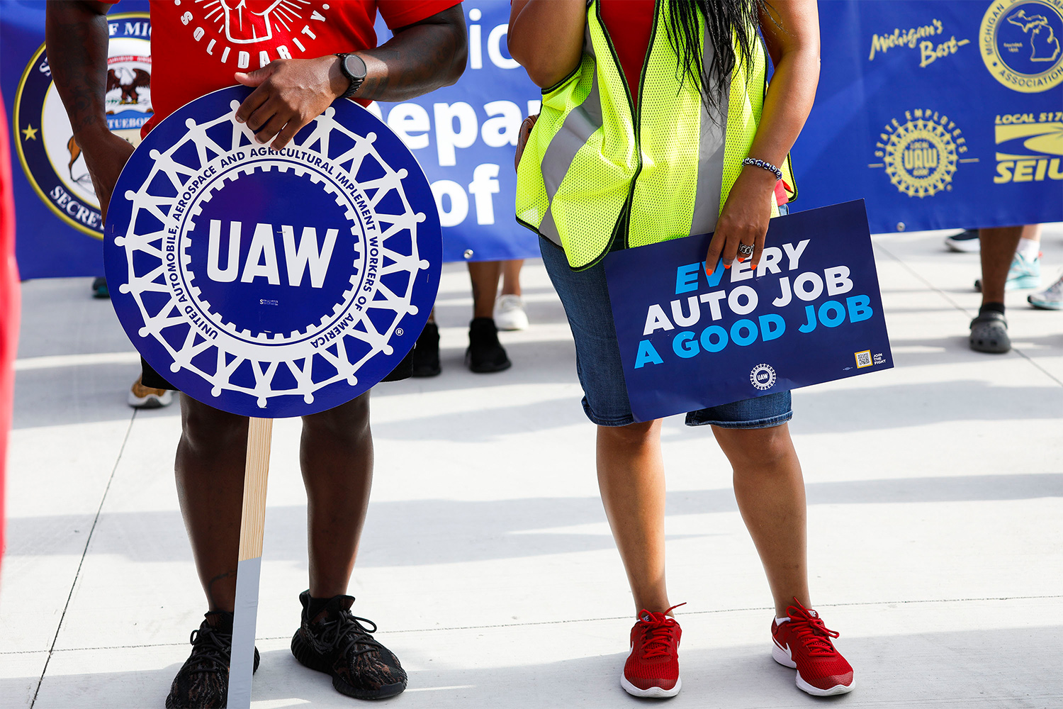 Members of the United Auto Workers gather for a rally ahead of a potential UAW strike against the Big Three automakers
