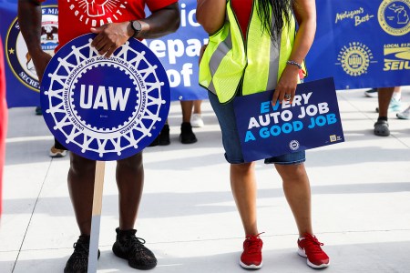 Members of the United Auto Workers gather for a rally ahead of a potential UAW strike against the Big Three automakers