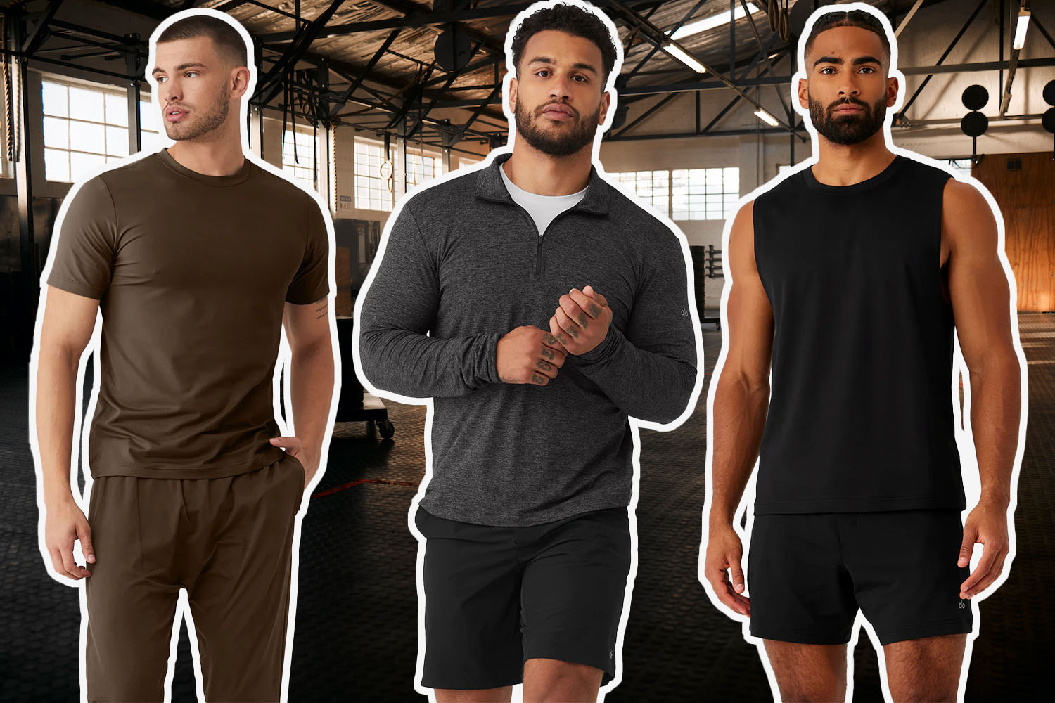 a collage of models in Alo Yofa against a gym background
