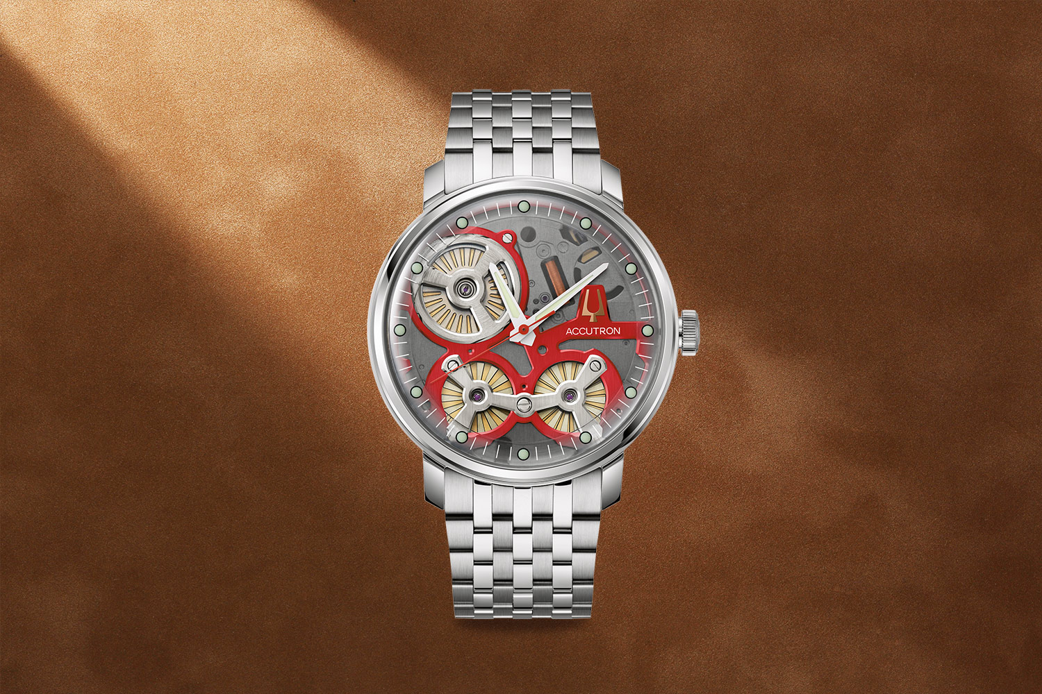 SIlver watch with red and orange gears