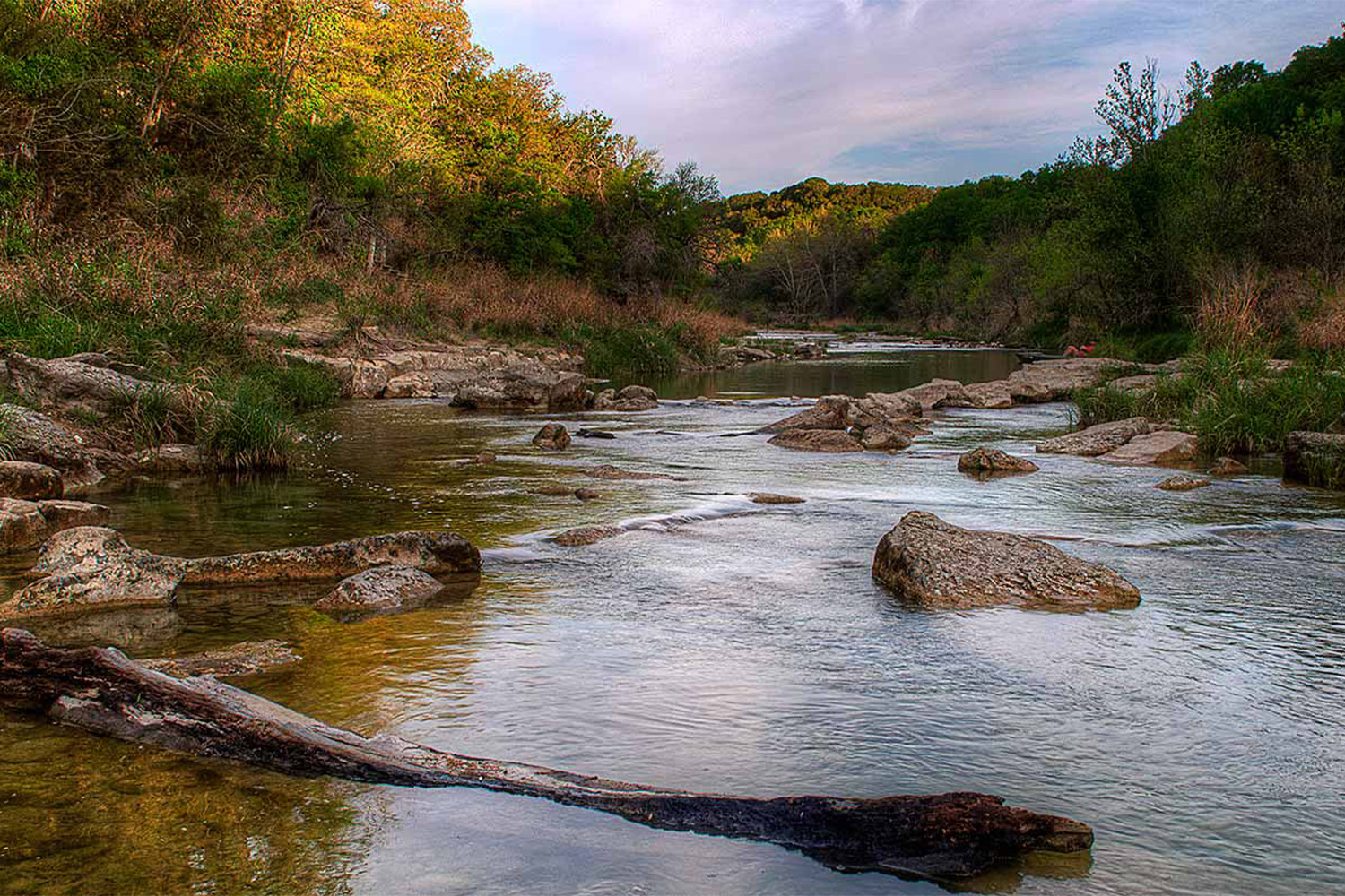 Water flowing through rocks in woodsy area