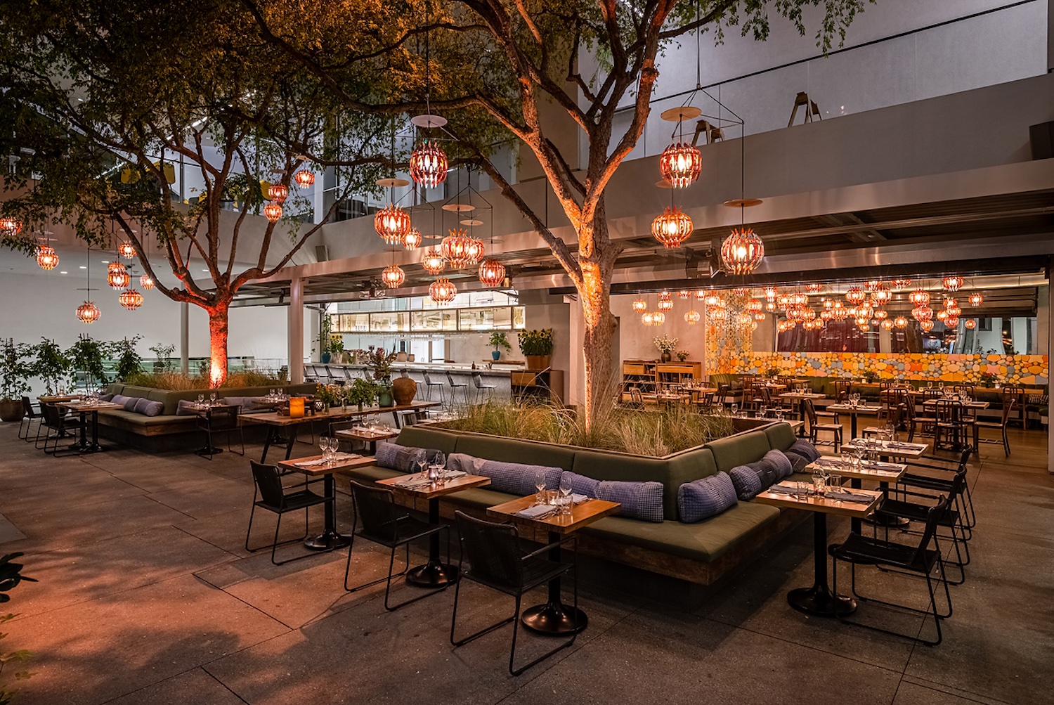 Outdoor patio seating area with lights hanging from trees