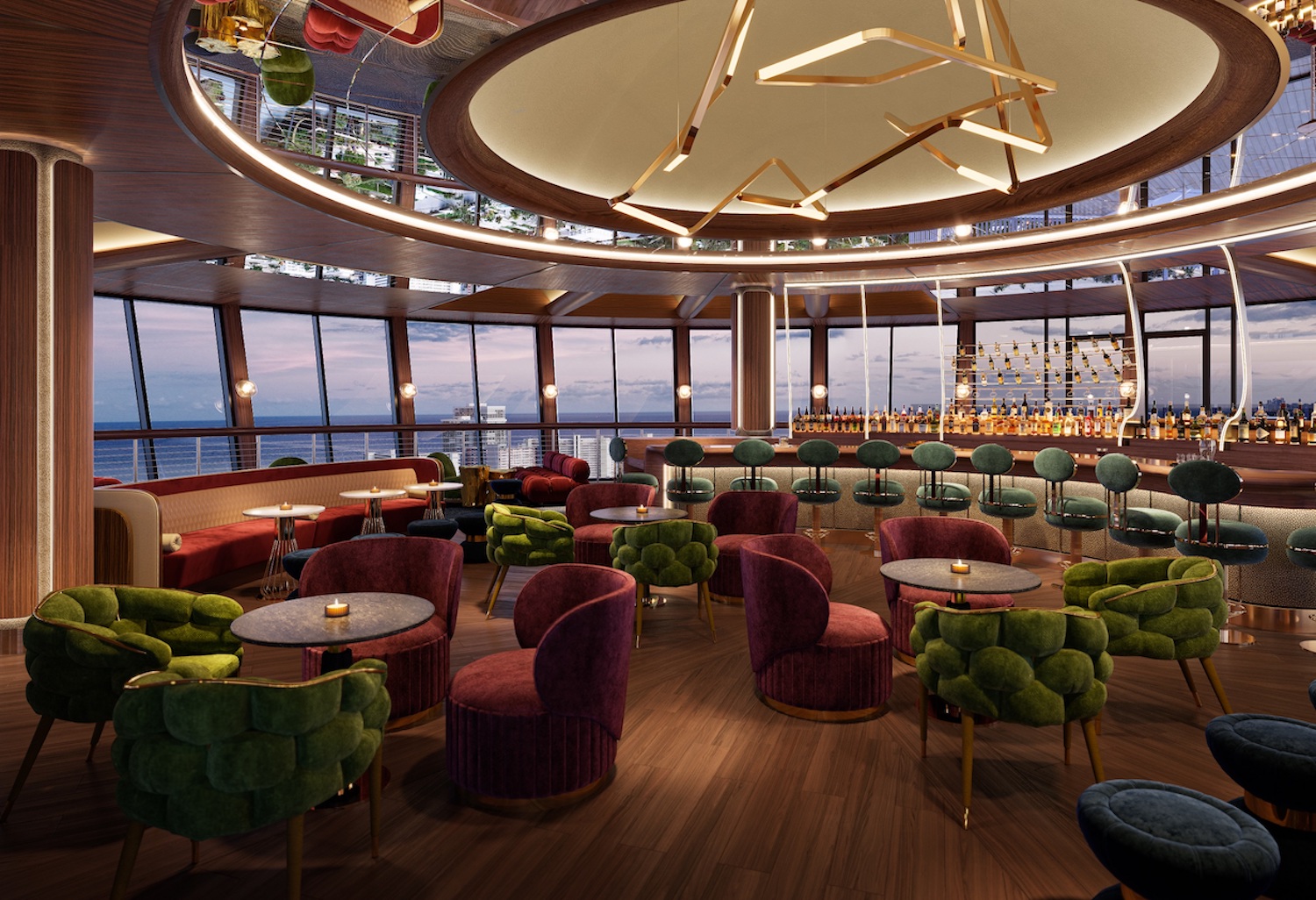 Luxe bar area with cushion chairs and floor-to-ceiling windows