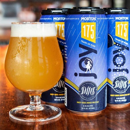 A glass and four cans of Pure Joy, a collaboration between Morton Salt and Alter Brewing