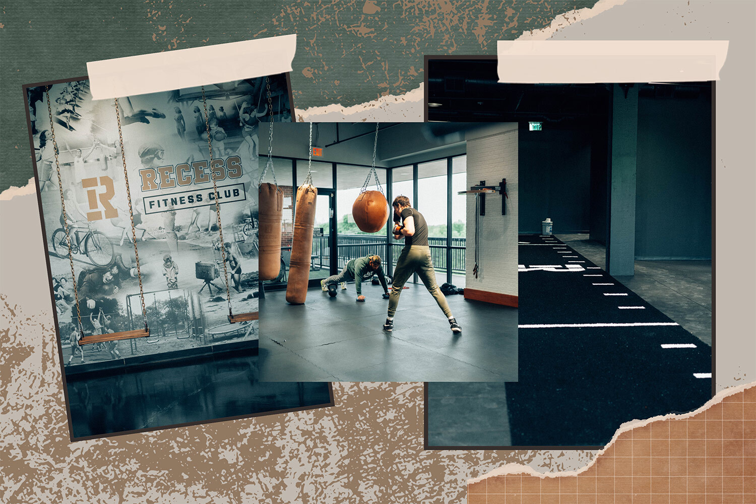 A collage of scenes from Recess Dallas, a gym with swings, turfed grass and punching bags.