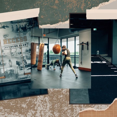 A collage of scenes from Recess Dallas, a gym with swings, turfed grass and punching bags.