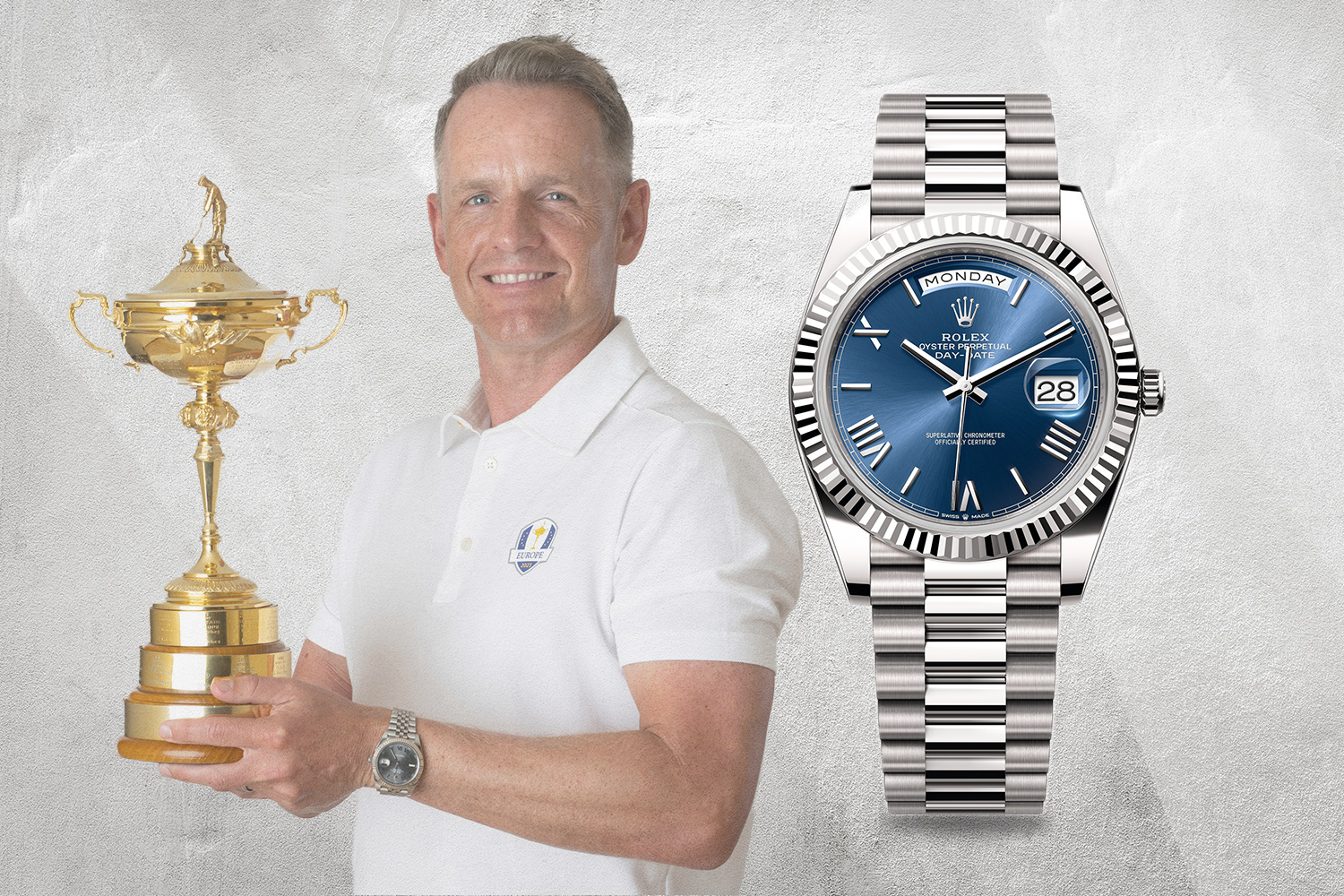 Luke Donald next to silver and blue watch