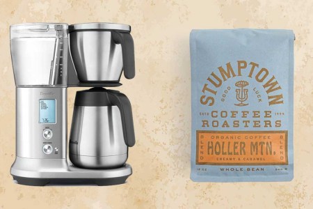 A Breville drip coffee maker and a bag of Stumptown coffee