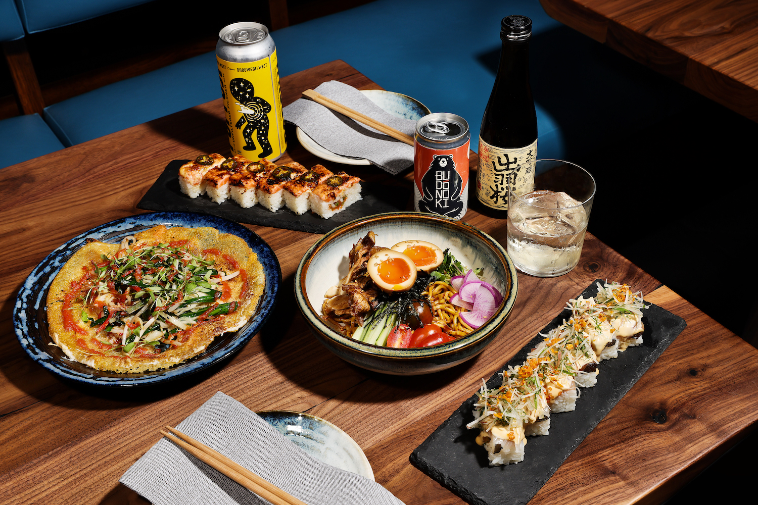 Spread: Seafood Pancake, Aburi Salmon, Kanpachi Oshizushi and Hayashi Chuka
