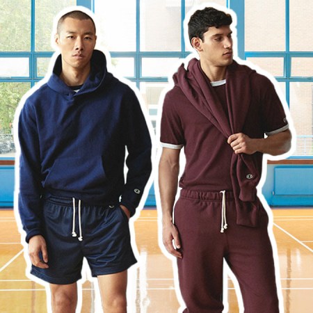 a collage of models and apparel from the Todd Snyder + Champion collection on a gym background