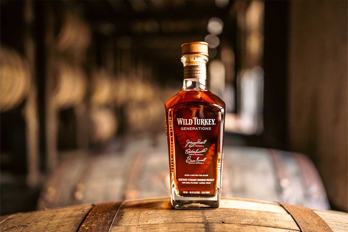 A bottle of Wild Turkey Generations on a barrel