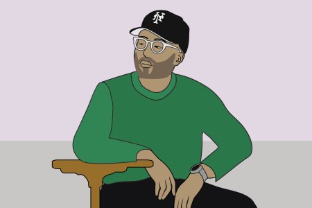 Chris Echevarria on a pink and gray background