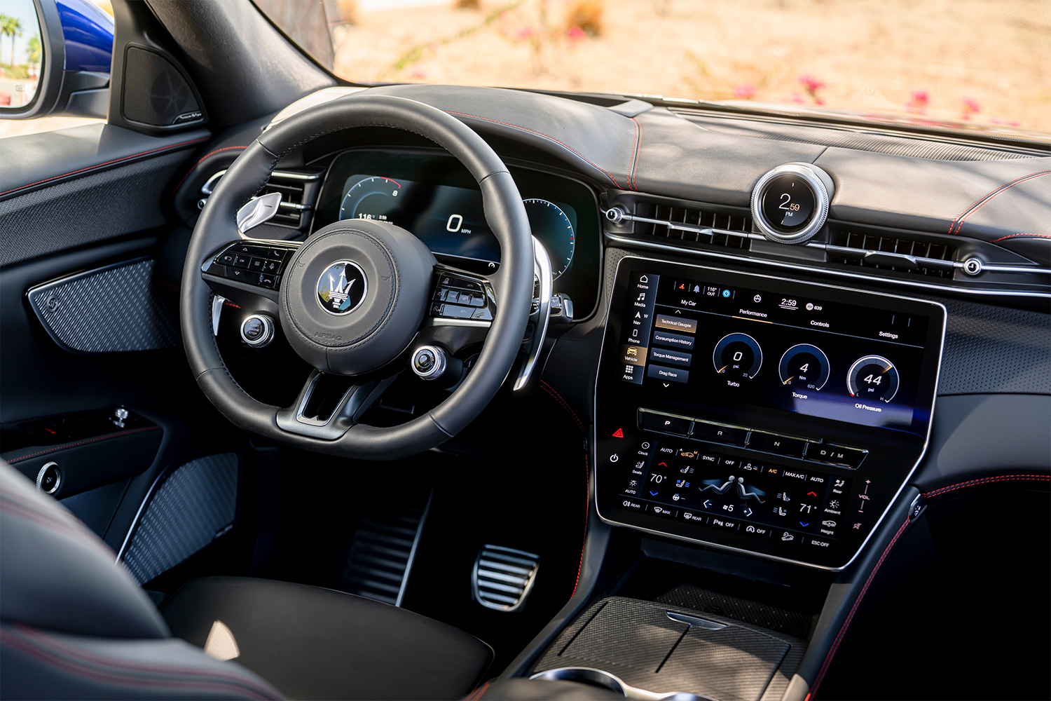 The dashboard in the Maserati Grecale Trofeo, including the touchscreen and infotainment system