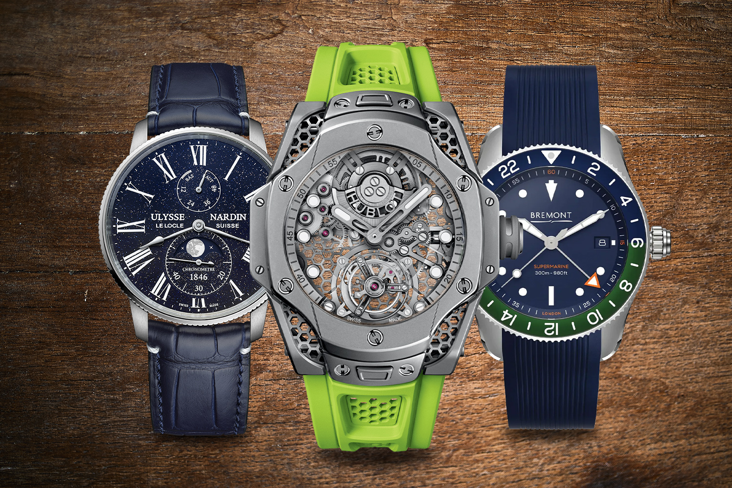Ulysse Nardin Marine Torpilleur Moonphase Aventurine; Big Bang Tourbillon SR_A by Samuel Ross; Bremont S302 Blue Green