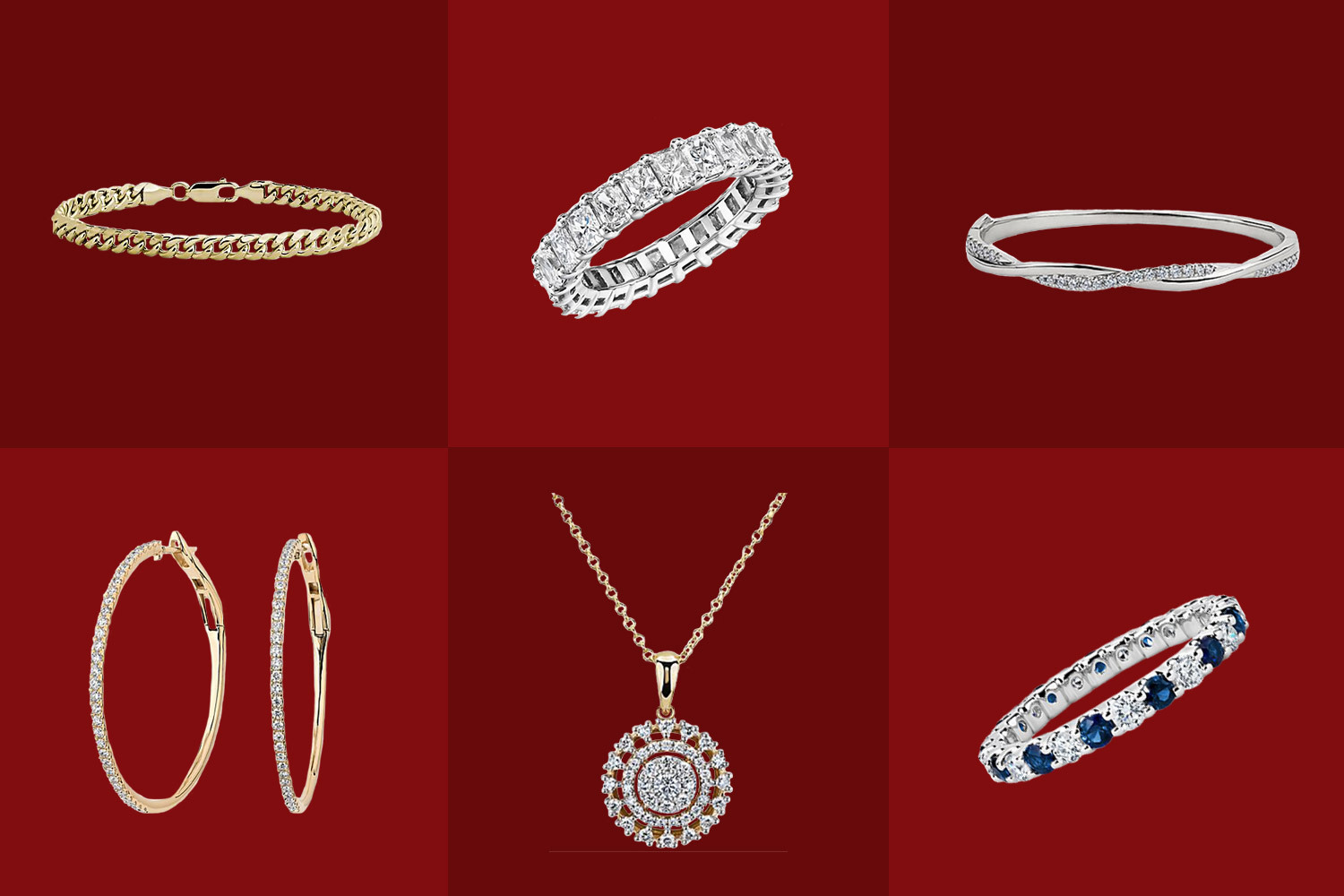 6 pieces of Blue Nile jewelry on a red background