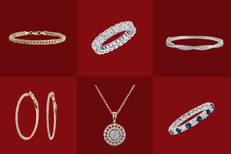 6 pieces of Blue Nile jewelry on a red background