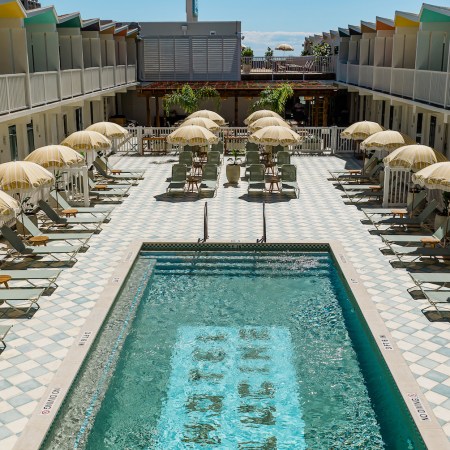 Aerial view of a pool and courtyard