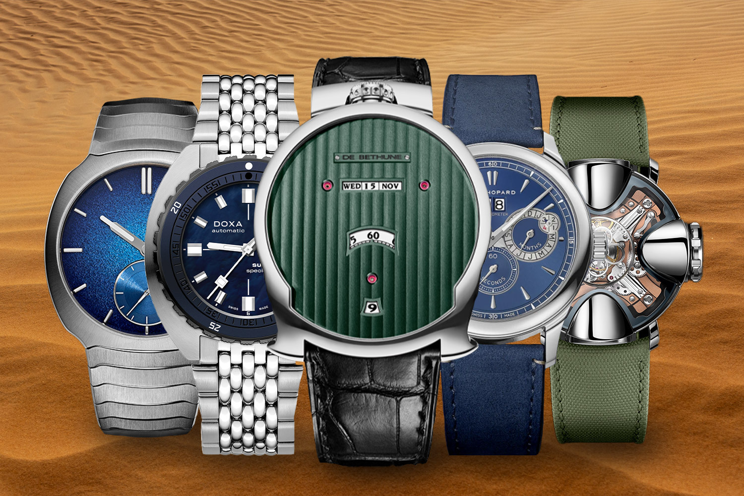 Moser Streamliner Small Seconds; Doxa SUB 300β Seddiqi Edition 2023; De Bethune DBD Evergreen; MB&F HM11 Architect