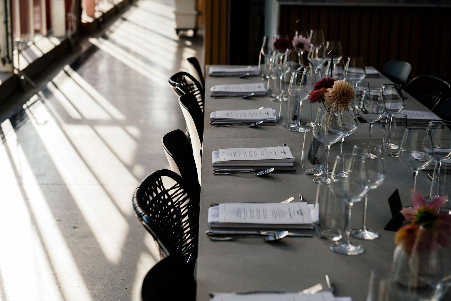 Close-up of place settings at tables at Granor Farm