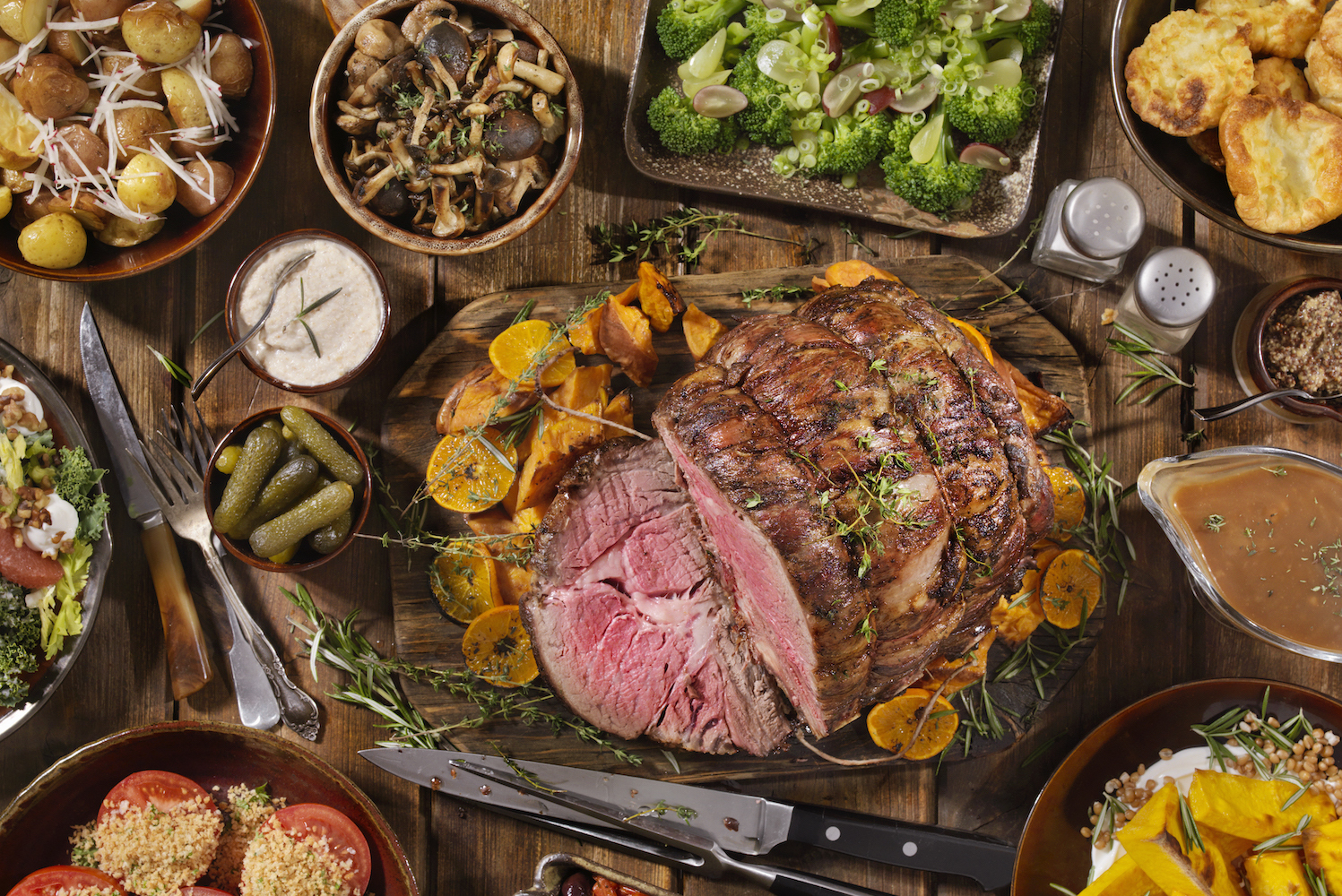 Roast Beef Feast with Yorkshire Pudding, Potatoes, Broccoli, Salad and Gravy