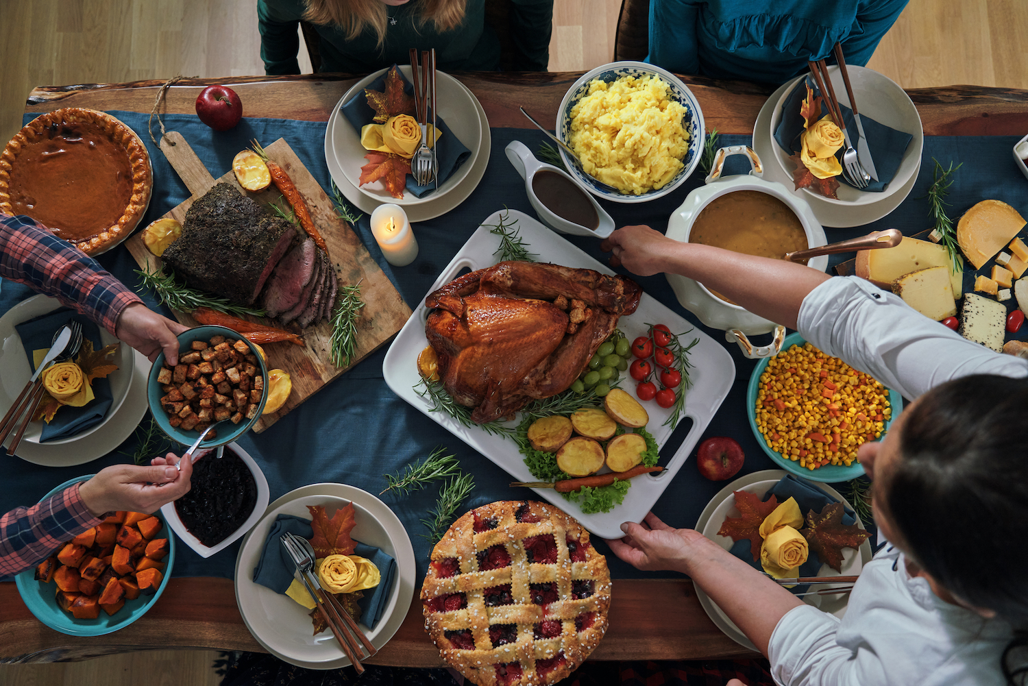 Thanksgiving dinner spread on table