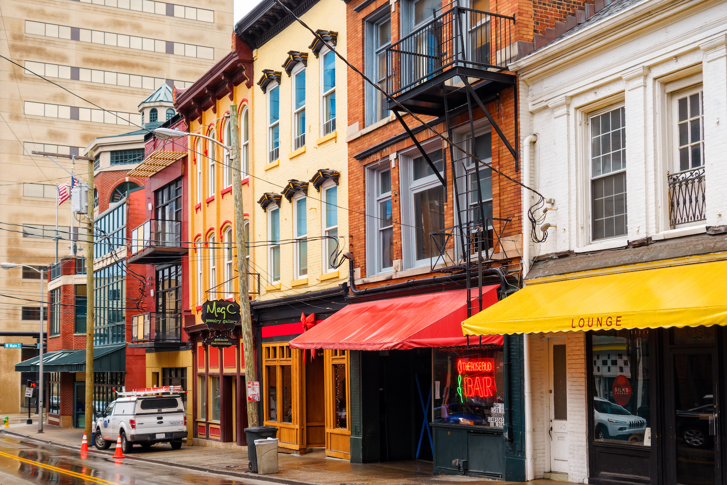 Colorful old facades, pubs and businesses in downtown Lexington, Kentucky