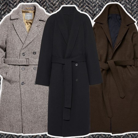 A collage of oversized coats on a herringbone background