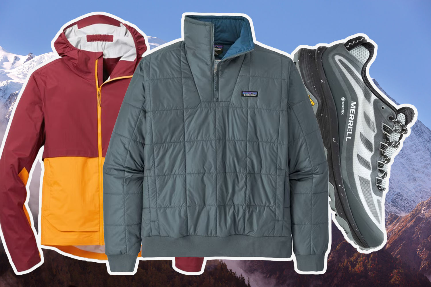 a collage of REI deals on a wintery background