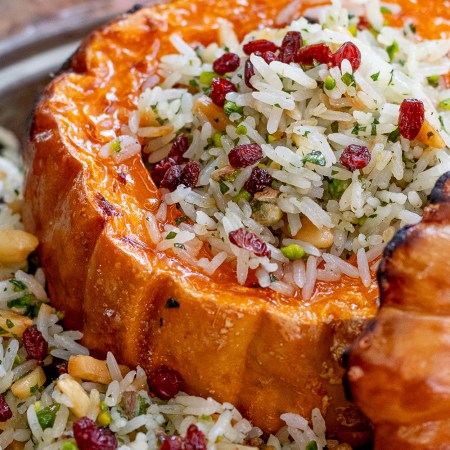 Pumpkin bowl filled with rice pilaf inside