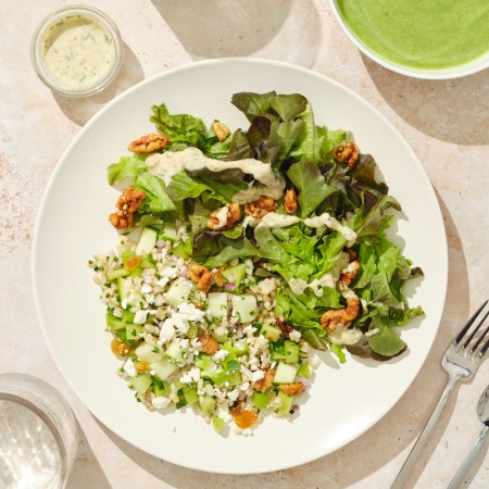 An overhead shot of healthy food on a table.