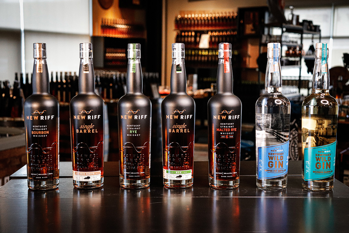 Bourbons and gins from New Riff on a table