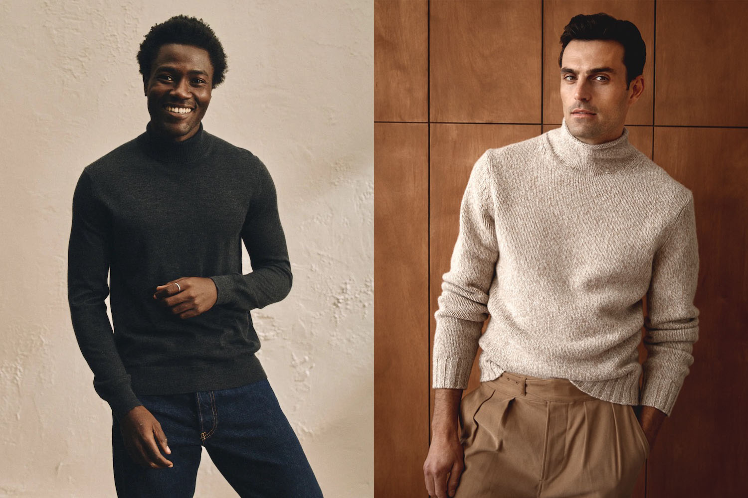 two models wearing turtlenecks