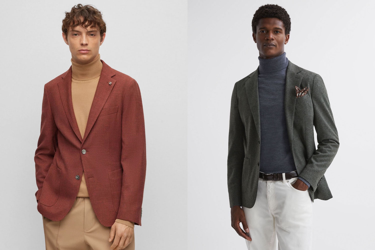 two models wearing blazers over turtlenecks