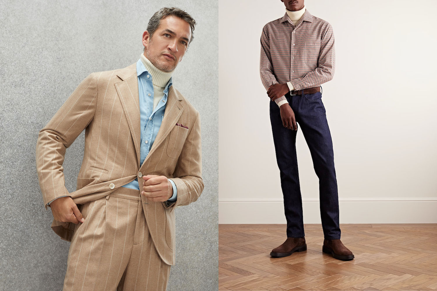two models wearing turtleneck under oxfords