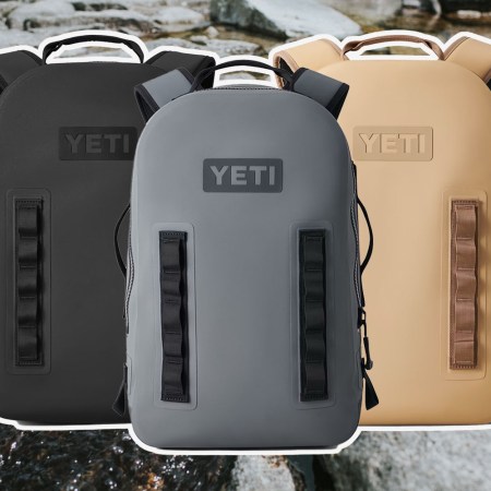 a collage of Yeti panga backpacks on a stoney stream background