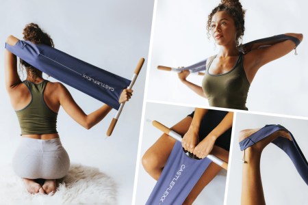 Four images stitched together of a woman using stretching equipment.