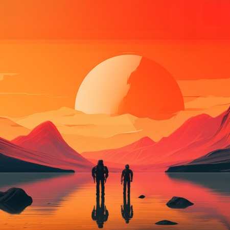 An illustration of astronauts on a new planet. Will human astronauts continue to explore space as robots get more sophisticated?