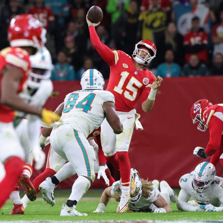 Patrick Mahomes throws the ball at Deutsche Bank Park in Frankfurt.